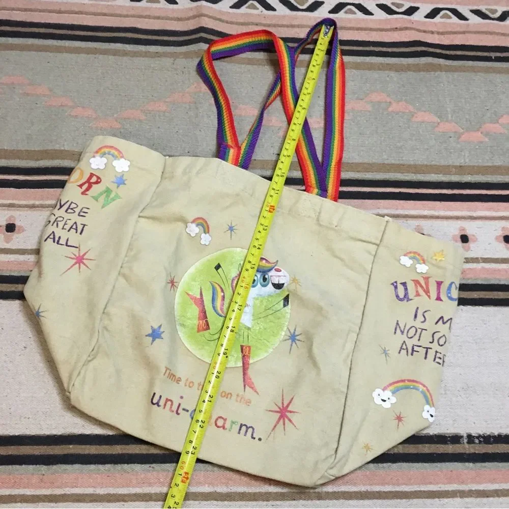 Unicorn is maybe not so great book Large tote bag rainbow strap
